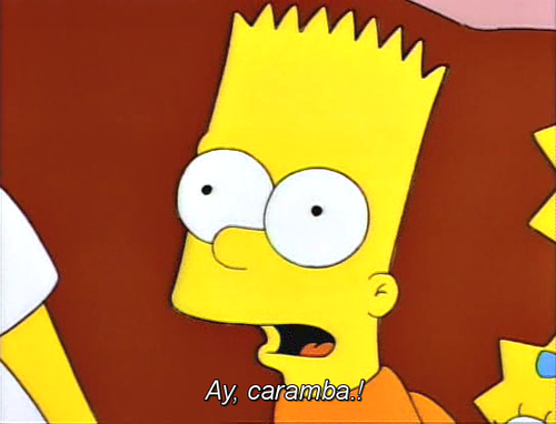 This image features Bart Simpson, a beloved cartoon character from the animated series "The Simpsons." His demeanor is typically mischievous, and in this moment, he appears surprised or shocked, perfectly capturing his iconic personality. The phrase "Ay, caramba!" exclaims his reaction to unexpected events, often used humorously. 

The background is a simple, colorful setting typical of the show's aesthetic, emphasizing the character's emotions rather than providing detailed context. Bart's wide eyes and expressive face add to the comedic effect, highlighting his playful nature. 

This scene encapsulates the humor of "The Simpsons," where Bart often finds himself in humorous predicaments. The simplicity of the background keeps the focus on Bart's exaggerated expressions, making it a classic moment of animated comedy.
