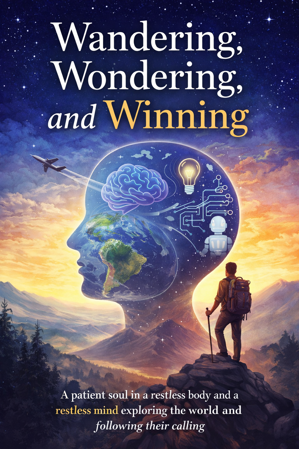 This vibrant book cover, titled "Wandering, Wondering, and Winning," presents a lone hiker on a rocky peak, gazing towards a colossal, translucent human head silhouette. Inside this cosmic cranium, the Earth spins, a glowing brain pulsates, and a lightbulb illuminates circuit board pathways leading to a small robot, symbolizing thought, innovation, and global perspective. The hiker, with a backpack and trekking pole, appears contemplative and determined against a backdrop of majestic mountains, a fiery sunset, and a starry night sky with an airplane soaring. The humorous element lies in the tiny adventurer seemingly pondering a thought bubble the size of a planet. The image perfectly encapsulates the journey of a "restless mind exploring the world," blending natural exploration with intellectual discovery.