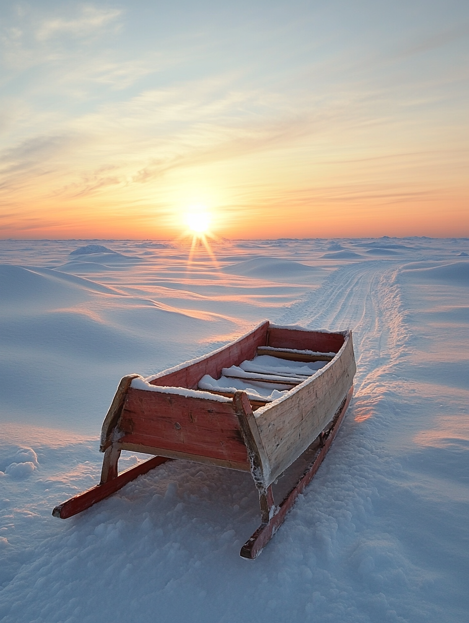 This serene image features a rustic, red and natural wood sled, looking rather contemplative, resting on a vast expanse of pristine, undulating snow. The sled appears to be taking a well-deserved break, perhaps pondering its next snowy adventure or lamenting the lack of reindeer. A clear set of tracks leads away from it, suggesting a recent journey or an imminent one, adding a touch of mystery to its solitary demeanor. The background is a breathtaking Arctic landscape, bathed in the warm, golden glow of a rising or setting sun, painting the sky with soft oranges and blues. The endless snow dunes and the solitary sled evoke a humorous sense of an abandoned Christmas prop having an existential crisis in the wilderness.