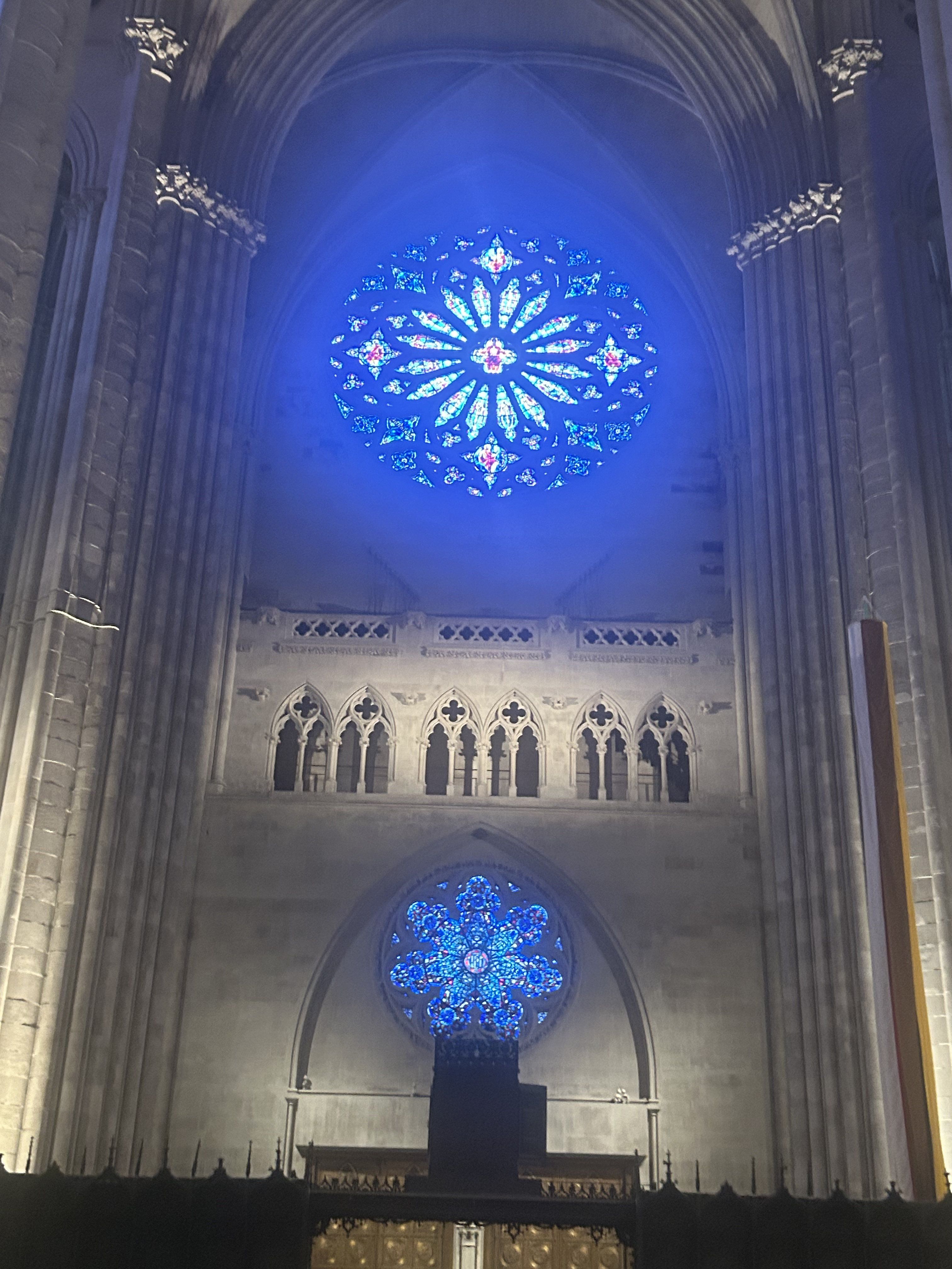 This image showcases the majestic interior of the Washington National Cathedral, with its grand Gothic architecture and two prominent stained glass rose windows. The upper, larger window and a smaller one below are dramatically illuminated in a vibrant, almost theatrical blue, casting a mystical glow. The cathedral, with its intricate stone columns and arched details, seems to be in a rather proud and showy demeanor, as if it's saying, "Look at my fabulous blue glow!" The background, typical of a grand cathedral, creates a sense of awe, but the intense blue light transforms the sacred space into something akin to a celestial disco, making the ancient stones feel surprisingly modern and ready for a divine dance party. It's a stunning display of architectural beauty meeting a playful light installation.