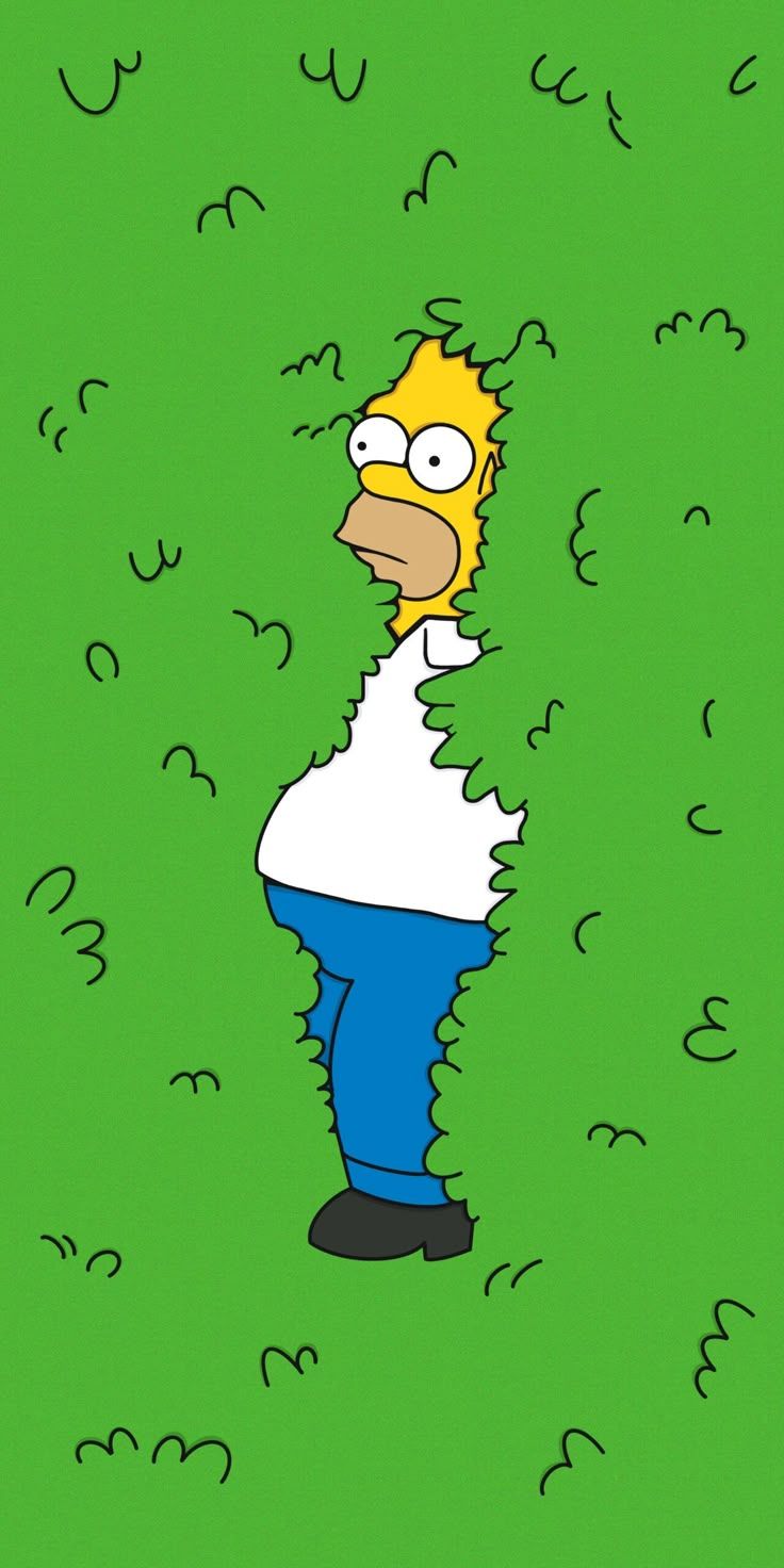 The image depicts Homer Simpson from The Simpsons, peeking out from a vibrant green bush or hedge. He is shown from the waist up, with his signature yellow skin, large white eyes with black pupils, and a surprised or wide-eyed expression. He wears his usual white short-sleeved shirt and blue pants, with black shoes visible at the bottom. The green background is textured to resemble foliage, with small black squiggly lines suggesting leaves or branches. Homer appears to be emerging or hiding within the greenery, creating a humorous and iconic visual.