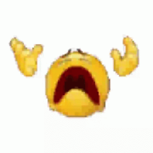 This image features a highly pixelated, yellow emoji, widely recognized as the 'Loudly Crying Face' meme, against a stark white background. The emoji's demeanor is one of extreme, almost theatrical, despair. Its eyes are squeezed shut, and its mouth is agape in a wide, dark red oval, suggesting a loud wail. Two blob-like yellow 'hands' are raised on either side, adding to the dramatic gesture of utter surrender or anguish. The low resolution enhances its meme status, making its exaggerated sorrow comically intense. The plain white background isolates the emoji, amplifying its singular, overwhelming emotion, making it a perfect visual for expressing relatable, yet humorously over-the-top, digital distress.