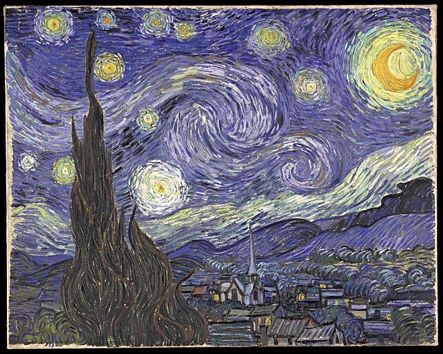 This iconic painting, Vincent van Gogh's 'The Starry Night,' depicts a dramatically swirling, vibrant blue night sky filled with luminous, haloed stars and a brilliant crescent moon. The sky appears to be in a state of ecstatic, cosmic dance, almost as if it's having a magnificent, slightly over-caffeinated moment. In the foreground, a dark, flame-like cypress tree reaches towards the heavens, acting as a silent, stoic observer, perhaps trying to catch a glimpse of the celestial rave. Below, a tranquil village with a prominent church steeple sleeps peacefully, seemingly oblivious to the energetic spectacle above. The background's intense dynamism humorously contrasts with the foreground's serene stillness, suggesting the village is just trying to get some rest while the universe throws a wild party.