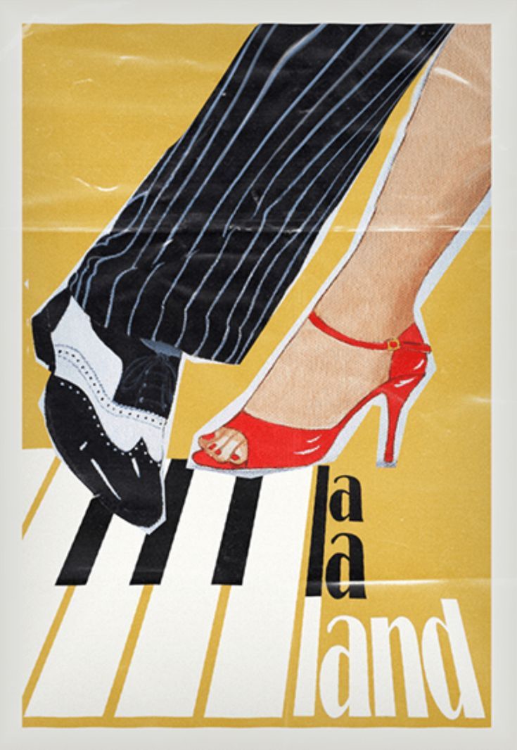 This vibrant movie poster for "La La Land" captures a playful and romantic moment. Two pairs of legs, a man's and a woman's, are depicted mid-dance on a giant piano keyboard. The man's leg, clad in pinstriped trousers and a classic black and white wingtip, is firmly stepping on a white key. Beside him, a woman's leg, adorned with a striking red open-toed high heel, is elegantly poised, suggesting a graceful, energetic movement. The golden-yellow background radiates warmth and optimism, perfectly complementing the musical theme. The piano keys themselves form part of the movie title, with "La La" in black and "land" in white. The whimsical act of dancing on a piano keyboard adds a humorous, dreamlike quality, embodying the film's enchanting spirit and the characters' joyful, expressive demeanor.