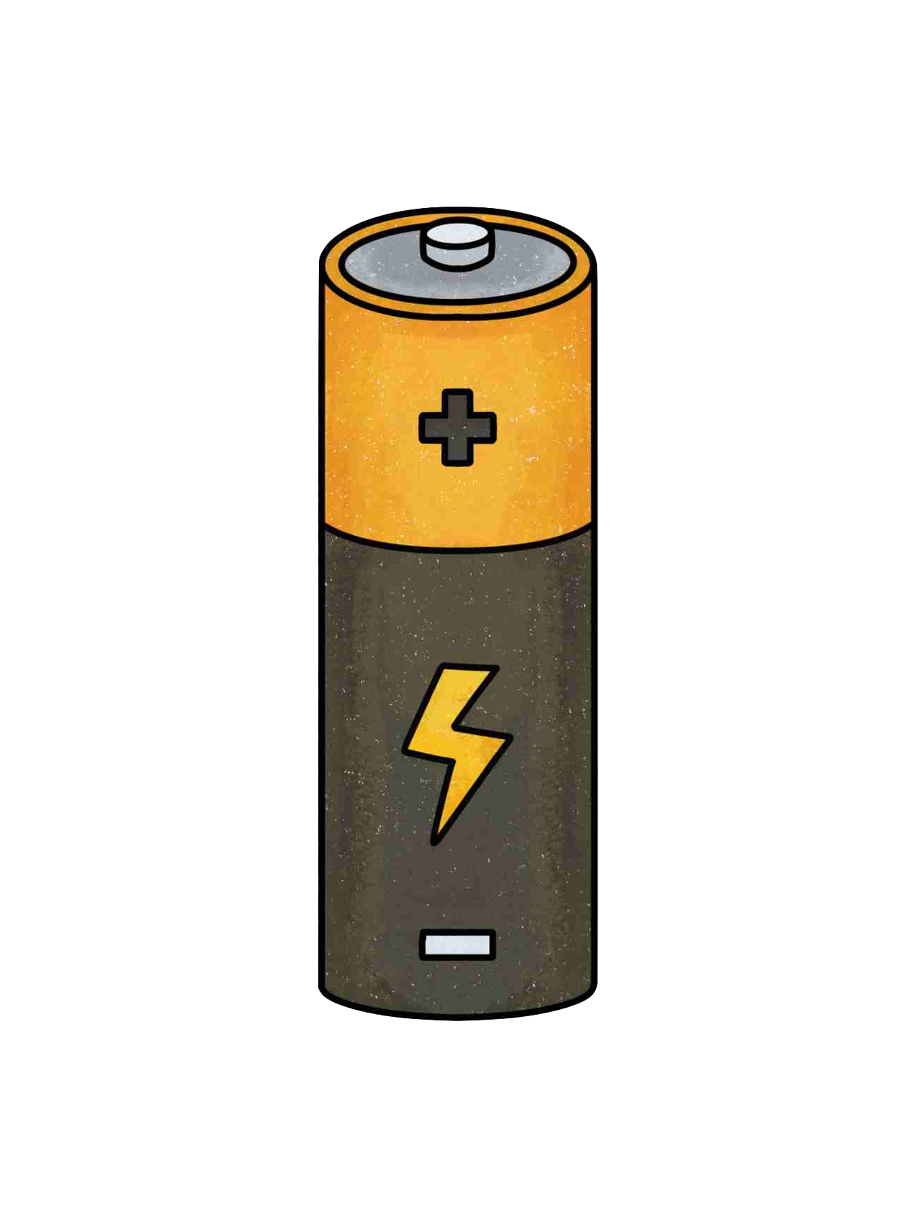 This vibrant, cartoon-style battery stands tall and proud, exuding an almost palpable sense of readiness. With its top half a cheerful orange bearing a bold black plus sign, and its bottom half a sturdy dark gray emblazoned with a striking yellow lightning bolt, it practically hums with potential energy. The little white minus sign at its base seems to ground its enthusiastic demeanor. It's like a tiny, cylindrical superhero, flexing its electrical muscles, eager to power up the next remote control or toy. The clean white background isolates our energetic friend, highlighting its singular purpose and confident stance, as if it's saying, "I'm fully charged and ready to bring the fun!"