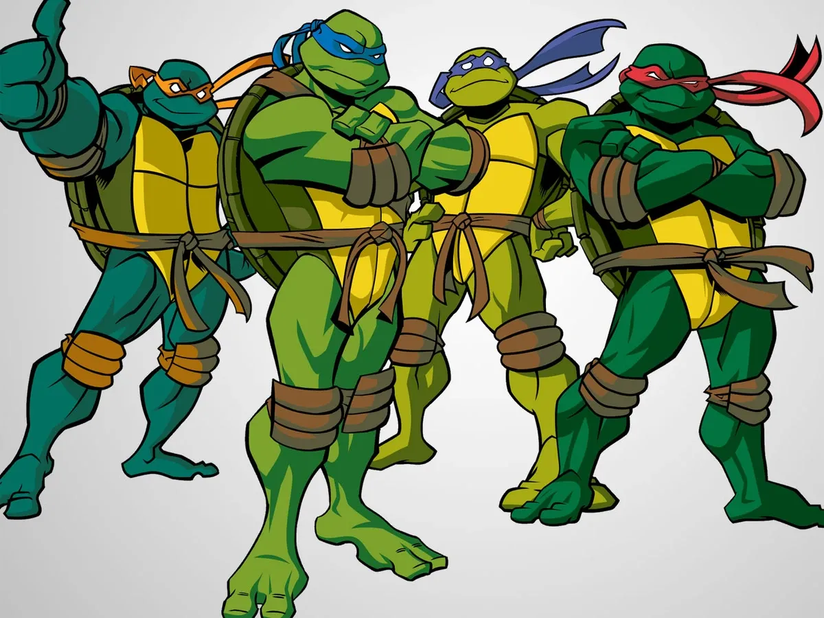 This vibrant cartoon illustration features the iconic Teenage Mutant Ninja Turtles striking heroic poses against a simple light grey gradient background. From left to right, Michelangelo, with his orange mask, gives a cheerful thumbs-up, exuding his usual playful energy. Next, Leonardo, in his blue mask, stands confidently with arms crossed, embodying his leadership role. Donatello, wearing his purple mask, appears thoughtful and ready for action. Finally, Raphael, with his red mask, crosses his arms with a stern, tough demeanor, showcasing his hot-headed personality. The image perfectly captures their distinct personalities and readiness for adventure, a humorous juxtaposition for sewer-dwelling, pizza-loving martial artists.