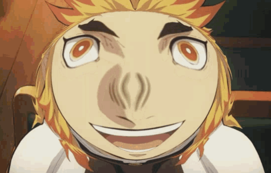 The image showcases Kyojuro Rengoku, a character from the anime series 'Demon Slayer: Kimetsu no Yaiba.' His demeanor is exuberant and enthusiastic, highlighted by his exaggerated facial features and wide grin. The large eyes and prominent smile amplify his fiery personality, making him appear almost cartoonish. This close-up captures the essence of Rengoku's character, celebrated for his strong sense of justice and passion.
In the background, there are hints of a setting that complements his vibrant nature, though specific details are blurred or obscured. This ambiguity adds to the humorous effect, often used in meme formats where Rengoku's expressions are exaggerated for comedic impact. The overall scene reflects the character's larger-than-life persona, making him a beloved figure in pop culture, particularly in meme circles.