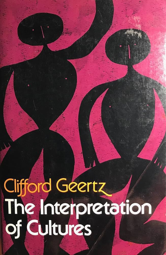 The image displays the cover of "Clifford Geertz The Interpretation of Cultures," featuring abstract, black humanoid figures against a vibrant, textured magenta background. Two prominent figures dominate the foreground, appearing to be in dynamic, dancing poses, one with an arm raised, the other seemingly seated or crouching. Their demeanor is one of simple, almost primitive expression, with dot eyes and a single line for a nose/mouth, giving them a comically bewildered or perhaps joyfully uninhibited look. The background's vibrant magenta and textured appearance provide a lively stage for these stylized representations of people. The abstract art style humorously conveys the complexity of "cultures" through simplified forms, suggesting a playful yet profound exploration of human interaction. The figures' exaggerated, almost cartoonish proportions add a touch of lightheartedness to the academic subject.