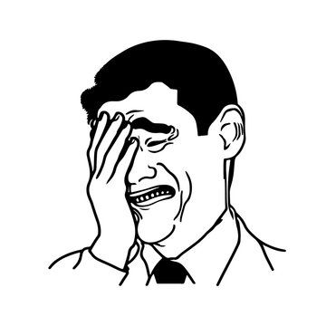 The image depicts a black and white line art drawing of a man in a state of profound exasperation or overwhelming emotion, widely recognized as the 'Crying Yao Ming' or 'Facepalm' internet meme. His right hand is pressed firmly against his forehead and eyes, obscuring part of his face, in a classic facepalm gesture. His visible mouth is contorted into a wide, open grimace, suggesting either intense crying, extreme frustration, or perhaps even hysterical laughter to the point of tears. He appears to be wearing a collared shirt and tie, adding a touch of formal absurdity to his emotional breakdown. The plain white background isolates his dramatic expression, emphasizing the universal feeling of 'I can't believe this is happening.' The humor stems from the exaggerated, relatable depiction of utter despair or secondhand embarrassment, making it a perfect visual shorthand for internet users encountering something truly baffling or cringe-worthy.