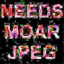 The image depicts the iconic internet meme "NEEDS MORE JPEG" in a state of glorious, self-referential digital decay. The text, a vibrant jumble of glitched pinks, oranges, purples, and greens, shimmers with digital noise against a stark black background. Its demeanor is one of ironic desperation, a pixelated entity seemingly pleading for the very compression that has rendered it a chaotic masterpiece. This digital ghost, born from online humor, appears to be both the victim and the champion of excessive JPEG compression. The featureless black background serves only to highlight the meme's vibrant, broken plea, emphasizing its isolation in the digital ether. It's a humorous, meta-commentary on image quality, perpetually demanding more of its own destructive essence.
