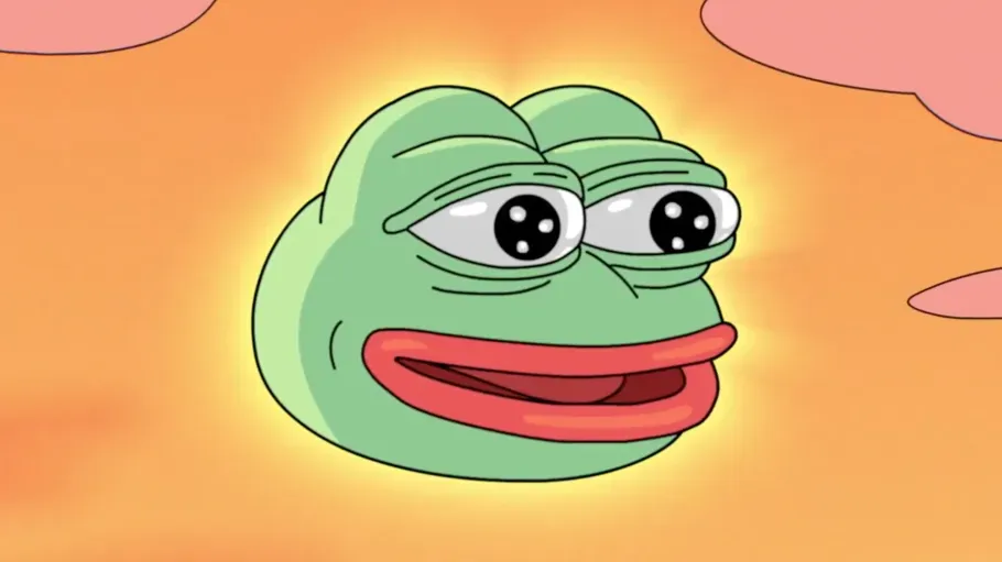 The image features a cartoon headshot of Pepe the Frog, a widely recognized internet meme. Pepe's demeanor is one of wide-eyed, almost innocent wonder, with large, dark pupils and slightly droopy eyelids that give him a 'blessed' or 'serene' expression. His prominent red lips are slightly parted. A soft, golden glow emanates from around his head, suggesting a divine or heavenly aura. The background is a warm gradient of orange and yellow, with soft, pink, cloud-like shapes in the upper corners, reinforcing the 'blessed' or 'ascended' theme. The humor lies in anthropomorphizing a frog meme with such a beatific, almost spiritual, presentation, contrasting his simple form with a grand, ethereal setting, often used ironically in internet culture.