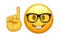 This image presents a humorous digital vignette featuring two iconic emojis against a transparent background. On the left, a golden-yellow pointing finger emoji, with its index finger raised, appears to be making a crucial point or directing attention. To its right, the instantly recognizable 'nerd face' emoji beams with a bright yellow complexion, sporting thick black-rimmed glasses and two prominent buck teeth. Its demeanor is one of earnest, perhaps slightly smug, intellectualism. This pairing is a widely recognized cultural meme, often used to comically represent someone about to deliver a pedantic correction or a 'well, actually...' statement. The pointing finger perfectly complements the 'nerd face's' know-it-all vibe, creating a universally understood moment of digital humor.