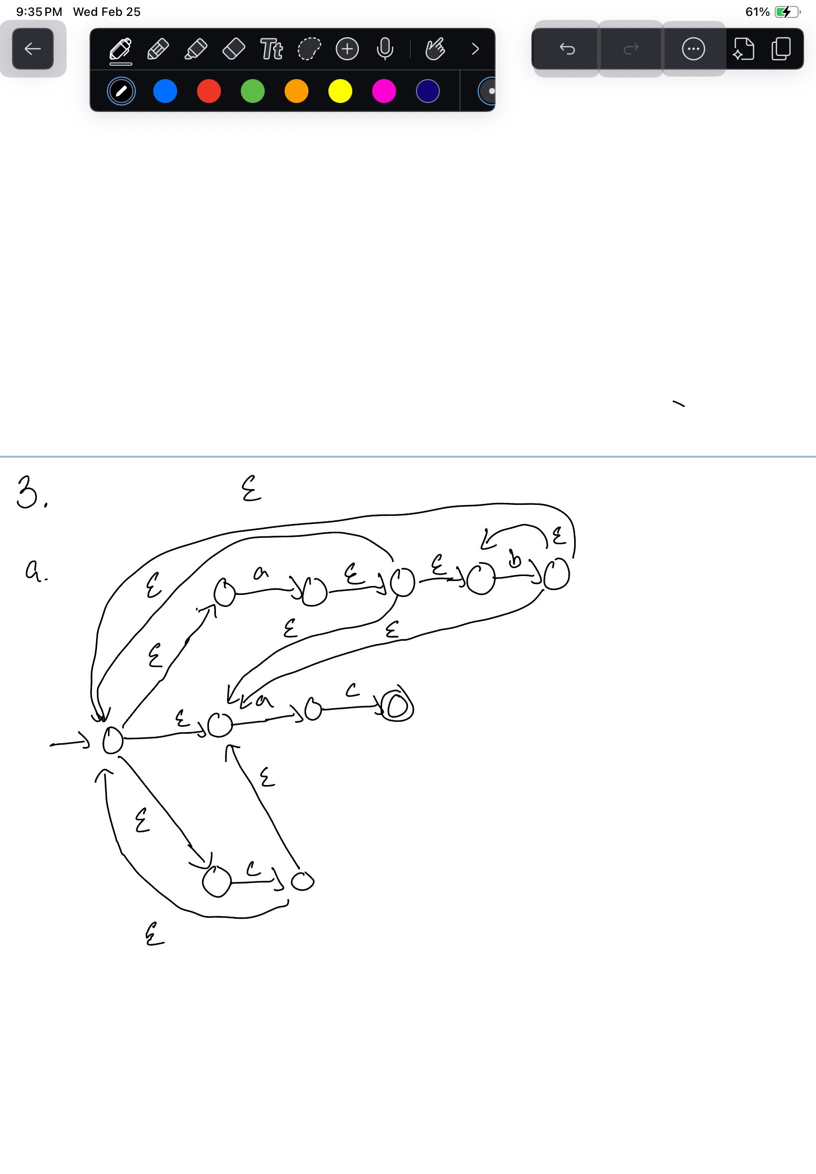 This image captures a digital whiteboard, a modern-day canvas for complex thought, displaying a finite automaton diagram. The diagram, a tangled web of circles and arrows, appears to be in deep contemplation, perhaps grappling with its own intricate logic. Its demeanor is one of intense, almost frantic, processing, with 'epsilon' transitions acting like silent, invisible leaps of faith. The background, a pristine digital interface with drawing tools and a '9:35 PM Wed Feb 25' timestamp, suggests this intellectual struggle is happening late into the night, fueled by a 61% battery. The humor lies in the diagram's chaotic elegance, a visual representation of a machine's internal monologue, making us wonder if even automata get 'stuck' in a loop.
