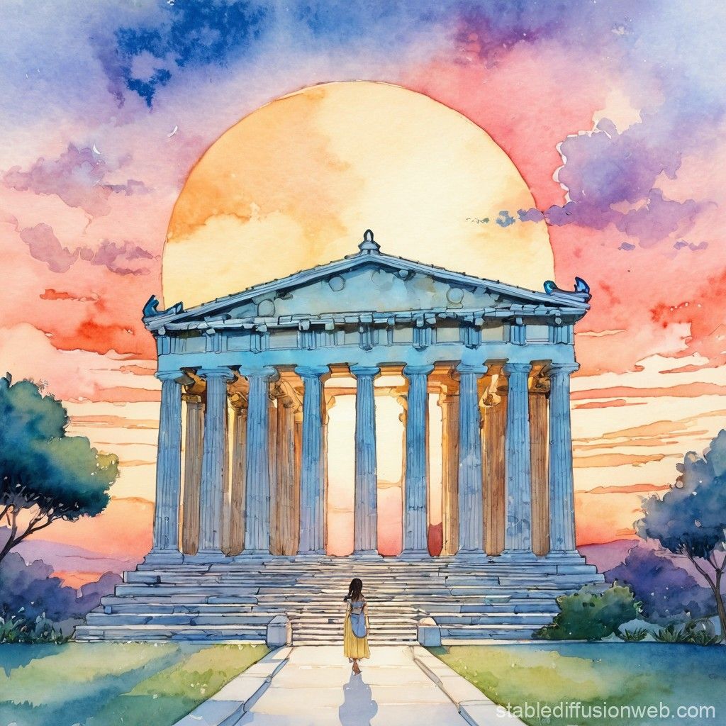 The image features a serene watercolored depiction of the Parthenon, an ancient temple on the Acropolis of Athens, bathed in the warm hues of a sunset. A figure, presumably a young girl wearing a yellow dress and carrying a backpack, stands in the foreground, gazing up at the majestic structure. Her demeanor appears contemplative, suggesting a moment of reflection amidst the grandeur of ancient Greek architecture. The soft colors of the sky, transitioning from pink to blue, create a tranquil atmosphere, enhancing the historical significance of the Parthenon.
The background, dominated by the impressive silhouette of the Parthenon, symbolizes the rich cultural heritage of Greece. The juxtaposition of the girl with the ancient temple emphasizes a connection between past and present, inviting viewers to ponder the echoes of history. The whimsical style adds a humorous touch, as if the Parthenon is playfully inviting her to join its timeless stories.
