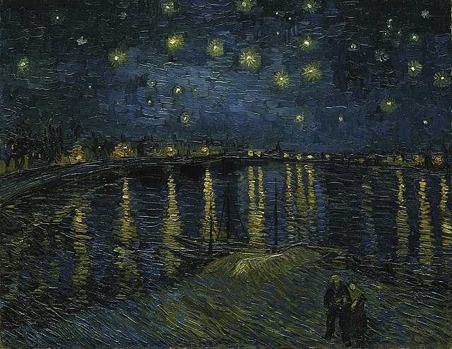 The image depicts "The Starry Night," a renowned painting by Vincent van Gogh. This artwork captures a swirling night sky filled with vibrant stars, creating a sense of movement and emotion. The foreground features two figures walking along a shore, possibly lost in conversation or contemplation, while the serene reflections of lights shimmer on the water's surface, suggesting tranquility amidst the cosmic chaos above.

In the background, a small town is illuminated, offering a warm contrast to the cool blues and yellows dominating the sky. The cypress trees in the foreground add an element of depth and connection between the earth and the heavens. 

Overall, the painting expresses a deep sense of wonder, inviting viewers to ponder their place in the universe. It humorously hints at the idea that even in the vastness of stars, two people can still find companionship on a quiet night.
