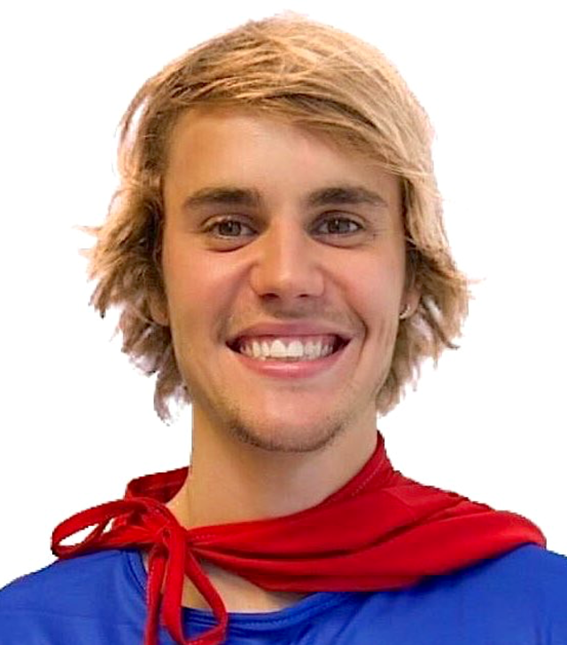 The image features Justin Bieber flashing a broad, cheerful smile, exuding a playful demeanor. He’s dressed in a vibrant blue outfit paired with a striking red cape, giving off a superhero vibe. This playful attire hints at a fun promotional event or campaign, perhaps targeting a younger audience or related to a charity initiative.

The background appears to be plain, focusing all attention on Bieber and his lively expression. This minimalistic backdrop amplifies the lightheartedness of the scene, making it feel like a whimsical snapshot from a superhero-themed marketing campaign.

One can't help but chuckle at the sight of a pop star dressed like a superhero, suggesting he might save the day with a catchy tune rather than superpowers. Overall, the image radiates joy and a sense of fun, perfectly capturing Bieber's playful spirit.