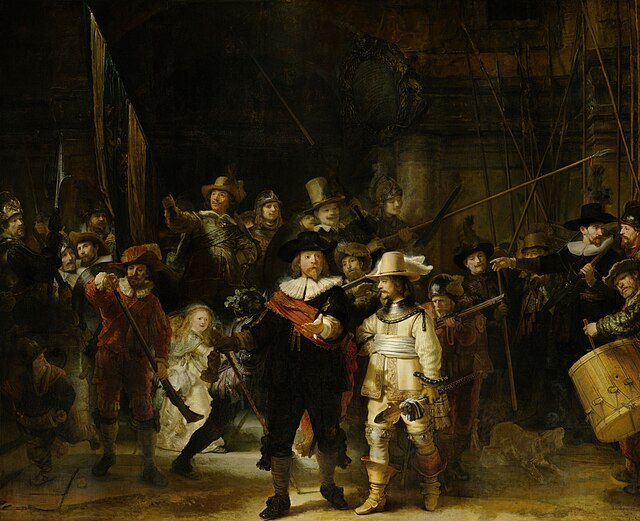 The image depicts "The Night Watch," a masterpiece by Rembrandt van Rijn that captures a city guard preparing for action. In the foreground, two prominent figures stand out: one in a black outfit holding a baton, and another in a white and gold ensemble wielding a sword. Their expressions convey determination and leadership, suggesting they are ready for duty.
Surrounding them, the militia displays a variety of poses and expressions, with some holding weapons and others engaged in conversation, showcasing camaraderie and readiness. The use of light and shadow creates a dynamic atmosphere, emphasizing the central figures while shrouding others in mystery.
The background features a dimly lit architectural setting, enhancing the sense of urgency and action. This work not only illustrates the dynamics of a group but also reflects the spirit of the Dutch Golden Age, making it a significant cultural artifact. The humor lies in the exaggerated seriousness of the militia, as if they are preparing for a grand adventure—complete with hats and guns!