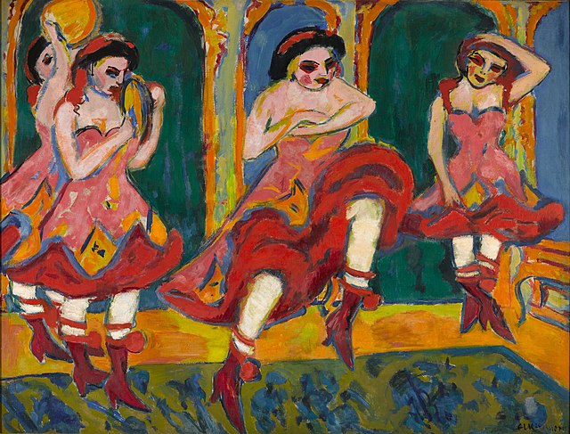This vibrant, expressionistic painting features four women, likely dancers, in dynamic, theatrical poses. Their demeanor is one of exaggerated performance, with stylized red eyes and cheeks conveying intense emotion or playful abandon. They are clad in ruffled pink and red dresses with matching boots, suggesting a lively show. The background consists of arched, green and blue architectural elements, framed by yellow, creating a stage-like setting that perfectly complements their energetic movements. The bold colors and simplified forms lend a raw, almost caricatured energy to the scene. A humorous element arises from their wild, uninhibited expressions and the overall vibrant chaos, as if caught mid-performance with joyful, slightly unhinged enthusiasm.