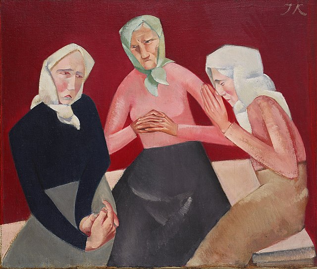 The painting features three women, each conveying a deep sense of sorrow and contemplation. Their expressions are somber, with furrowed brows and downcast eyes, suggesting they are engaged in a serious conversation or reflecting on a heavy topic. The women are dressed in traditional attire, with headscarves that evoke a sense of cultural heritage.

The background is a striking red, which contrasts sharply with the muted tones of their clothing, enhancing the emotional weight of the scene. This color choice may symbolize urgency or distress, emphasizing the gravity of their discussion.

The overall composition suggests themes of community and shared experience, possibly in the face of adversity. Humorous elements are sparse due to the serious nature of the subject matter, but one might imagine the women gossiping about local happenings, perhaps even playfully critiquing their neighbors despite their somber expressions.