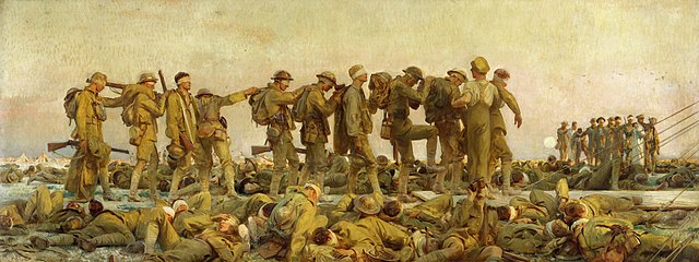 The image depicts a poignant scene from "The Battle of San Juan Hill," showcasing soldiers in various states of action amidst the aftermath of battle. The foreground reveals a chaotic mix of soldiers, some helping wounded comrades while others appear contemplative, perhaps reflecting on the cost of war. Their expressions range from determination to exhaustion, embodying the gravity of the moment.
In the background, a hazy landscape suggests the remnants of a battlefield, with a stark contrast between the life of the soldiers and the lifeless bodies scattered on the ground. This contrast amplifies the emotional weight of the scene.
The overall atmosphere is somber, highlighting the bravery and sacrifice of those involved in the Spanish-American War. The painting serves as a reminder of the historical significance of this event, underscoring the human experience in warfare.