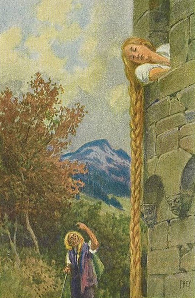 The image depicts a scene inspired by the fairy tale "Rapunzel." The character, with her extraordinarily long braided hair cascading down the side of a stone tower, leans out of a window. Her expression conveys a mix of curiosity and longing, as if she's yearning for freedom or companionship.
Below, a figure resembling the classic version of Rapunzel's prince gazes up, appearing intrigued or perhaps even smitten by the sight of her. The background features lush trees with autumnal colors and majestic mountains, suggesting a serene yet isolated setting that enhances the story's themes of longing and adventure.
The whimsical nature of Rapunzel's hair dangling like a golden rope adds a humorous touch, as it evokes the idea of a hair-care routine gone hilariously overboard. This delightful blend of romanticism and lightheartedness makes the scene both enchanting and amusing.