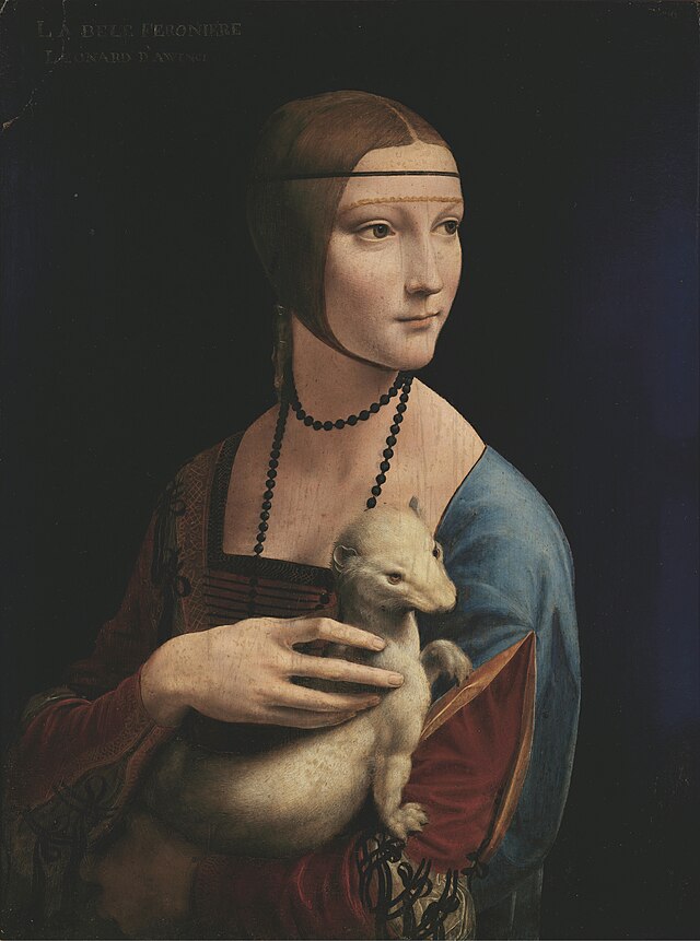 The image features "Lady with an Ermine," a renowned painting by Leonardo da Vinci. The subject, Cecilia Gallerani, exudes a serene yet poised demeanor, her gaze steady and contemplative. She holds an ermine delicately, its smooth fur contrasting with her elaborately detailed clothing, which showcases the Renaissance's vibrant colors and intricate patterns.
The background is dark and subtle, enhancing the focus on Cecilia and her companion. This choice of backdrop emphasizes the subject's elegance and the meticulous craftsmanship of Da Vinci. The painting captures a moment of intimacy and grace, with the ermine symbolizing purity and sophistication.
Humorously, one could imagine the ermine thinking, "I didn’t sign up for this modeling gig, but hey, at least I’m getting my close-up!" This art piece beautifully merges historical significance with a touch of whimsy, making it timeless and relatable.