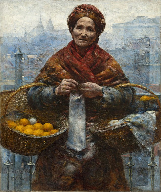 This detailed painting by Aleksander Gierymski, 'Jewish Woman with Oranges,' portrays an elderly woman with a stoic, weathered demeanor, her gaze direct and resilient. She wears a red head covering and shawl, carrying two large wicker baskets. One basket is brimming with vibrant oranges, notably featuring a single, curious white egg, while the other holds white fabric. The hazy, blue-grey background depicts the spires and architecture of Warsaw, Poland, grounding her humble trade within the city's daily rhythm. This significant work of Polish realism captures the dignity of a street vendor. The humorous detail of the lone white egg among the oranges suggests a unique marketing strategy, perhaps a 'mystery prize' or a very specific, unadvertised side hustle.