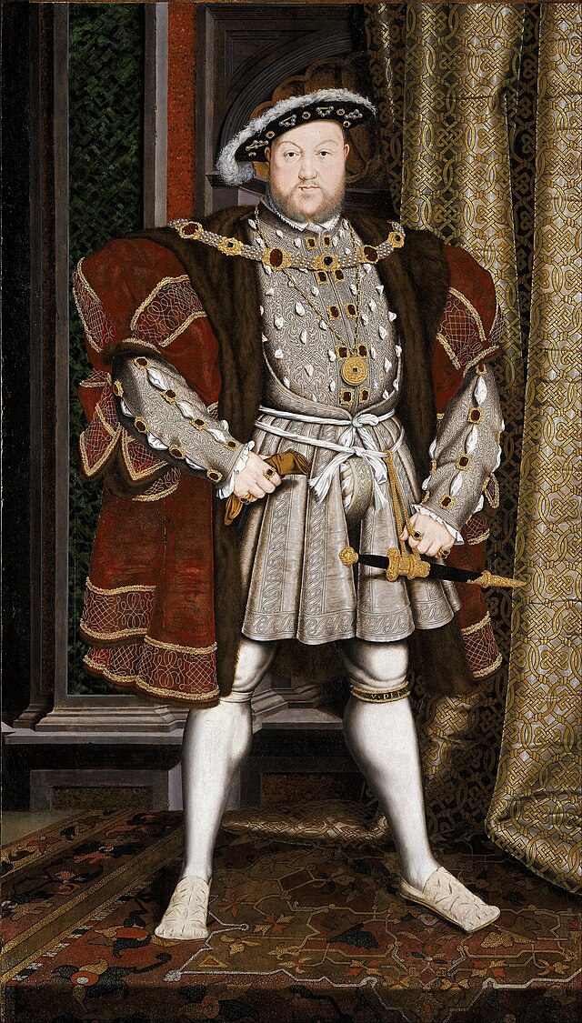 This iconic 1537 portrait by Hans Holbein the Younger presents King Henry VIII in a powerful, imposing stance, exuding regal confidence. Dressed in incredibly lavish attire, he wears a fur-lined red coat, a pearl-encrusted silver doublet, and a jeweled hat, all emphasizing his immense wealth and status. His direct gaze and the daggers held in each hand convey a stern, unyielding demeanor, ready to assert his authority. The background features a rich gold patterned curtain on the right and a dark green tapestry on the left, perfectly complementing his opulent presence and reinforcing the royal setting. A humorous element lies in the contrast between his formidable, heavily armored upper body and the surprisingly delicate, almost slipper-like shoes, making him look ready for a royal fashion show and a quick nap simultaneously. The prominent codpiece also adds a touch of historical sartorial amusement.
