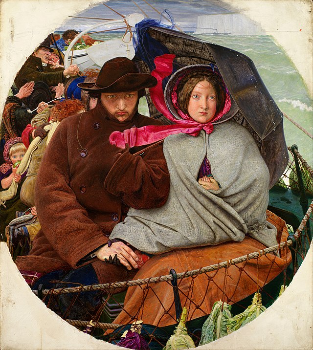 The image depicts a somber scene featuring two central figures, a man and a woman, seated closely together in a small boat. The man, dressed in a dark coat and hat, has a serious demeanor, with a furrowed brow and a protective posture. The woman beside him is wrapped in a grey shawl, her expression is one of concern, and she clutches her hands nervously.
In the background, chaos unfolds with other passengers appearing distressed, hinting at a turbulent situation, possibly a storm at sea. The rough waves and the distant cliffs suggest a precarious journey, amplifying the tension in the foreground. The juxtaposition of their calm yet worried expressions against the backdrop of turmoil evokes a sense of vulnerability.
This scene, reminiscent of the struggles faced by those seeking refuge, conveys deep emotional resonance, highlighting human resilience amidst adversity.