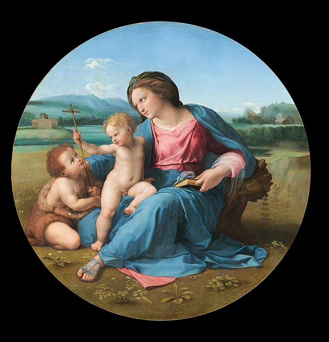 The painting "The Madonna and Child with the Infant Saint John the Baptist" by Raphael captures a serene and intimate moment. The Virgin Mary, draped in blue and pink robes, exudes a gentle, nurturing demeanor as she gazes lovingly at the infant Jesus, who is playfully engaging with Saint John the Baptist. John, with his wild hair and a cross, appears curious and slightly mischievous, adding a youthful energy to the scene.
The lush, tranquil landscape in the background, adorned with rolling hills and distant buildings, enhances the painting's peaceful atmosphere, symbolizing the harmony of nature and spirituality. The soft colors and meticulous details reflect the Renaissance's focus on beauty and realism.
Humorously, one might imagine Saint John trying to assert his authority with that little cross, while Mary seems to be saying, "Not now, John; we're trying to have a moment here!" This blend of divine and playful captures the essence of childhood wonder.