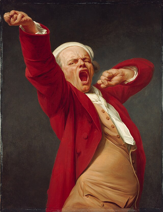 The painting features a theatrical figure in a vibrant red coat, dramatically expressing emotion. His wide-open mouth suggests a loud shout or a passionate performance, while his raised arm adds to the sense of urgency and intensity. The figure's demeanor is one of fervor, likely conveying a strong emotion such as excitement or indignation.

The dark background enhances the focus on the subject, emphasizing the figure's expressive features and clothing. This stark contrast highlights the theatrical nature of the scene, evoking the art of performance and the emotive expressions found in theater.

This painting could represent a moment from a play or a historical portrayal of an actor, reflecting the drama and passion associated with performance art. The humor lies in the exaggerated expression and pose, making it seem as if the figure is not just acting, but perhaps trying to call for a snack or a break during a long rehearsal!
