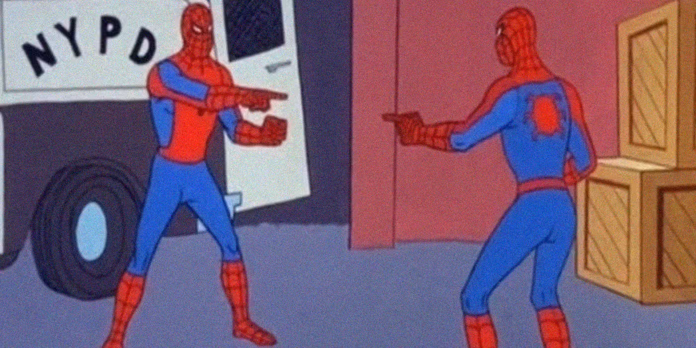 This iconic image, originating from the 1967 animated "Spider-Man" TV series, depicts two identical Spider-Men pointing accusingly at each other, embodying the popular "Spider-Man Pointing at Spider-Man" meme. Both figures wear their classic red and blue suits, their postures conveying a mix of confusion and disbelief as they mutually identify the 'other' as the culprit. The background on the left features a white vehicle with "NYPD" clearly visible, grounding the cartoonish scene in a New York City context, relevant to Spider-Man's origins. On the right, a stack of wooden crates adds to the generic urban setting. The humor lies in the absurd self-recognition and the irony of two identical heroes in a standoff, perhaps even baffling the nearby NYPD.