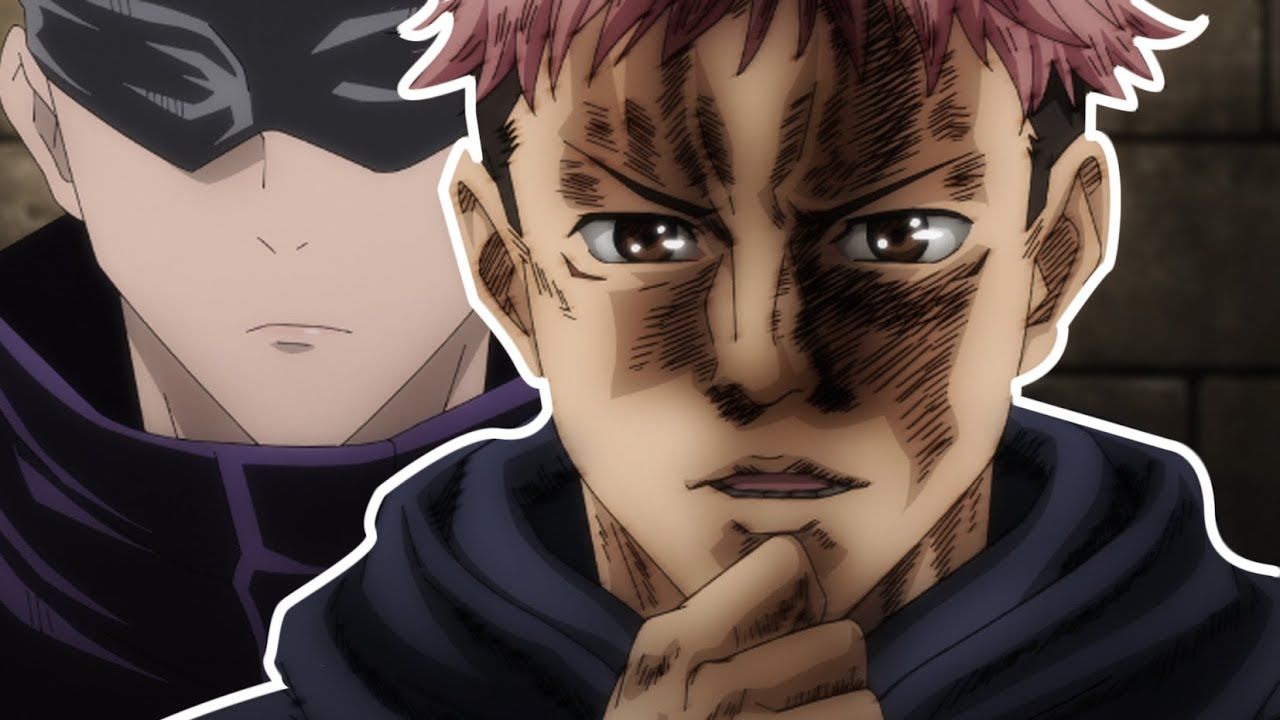 The image features two characters from the anime series "Jujutsu Kaisen." The character in the foreground, with striking pink hair and a serious expression, appears to be deep in thought, suggesting a moment of contemplation or decision-making. His brow is furrowed, and there's a sense of intensity conveyed through his facial expression.
In the background, a figure with a black mask and hood stands partially obscured, creating an air of mystery. This character's demeanor seems more reserved, contrasting with the foreground character's emotional intensity. The setting appears to be dimly lit, enhancing the dramatic atmosphere.
The background complements the overall tension in the scene, likely hinting at a pivotal moment in the narrative. The juxtaposition of the two characters suggests a complex relationship or dialogue about to unfold, typical of the show's themes of conflict and camaraderie.