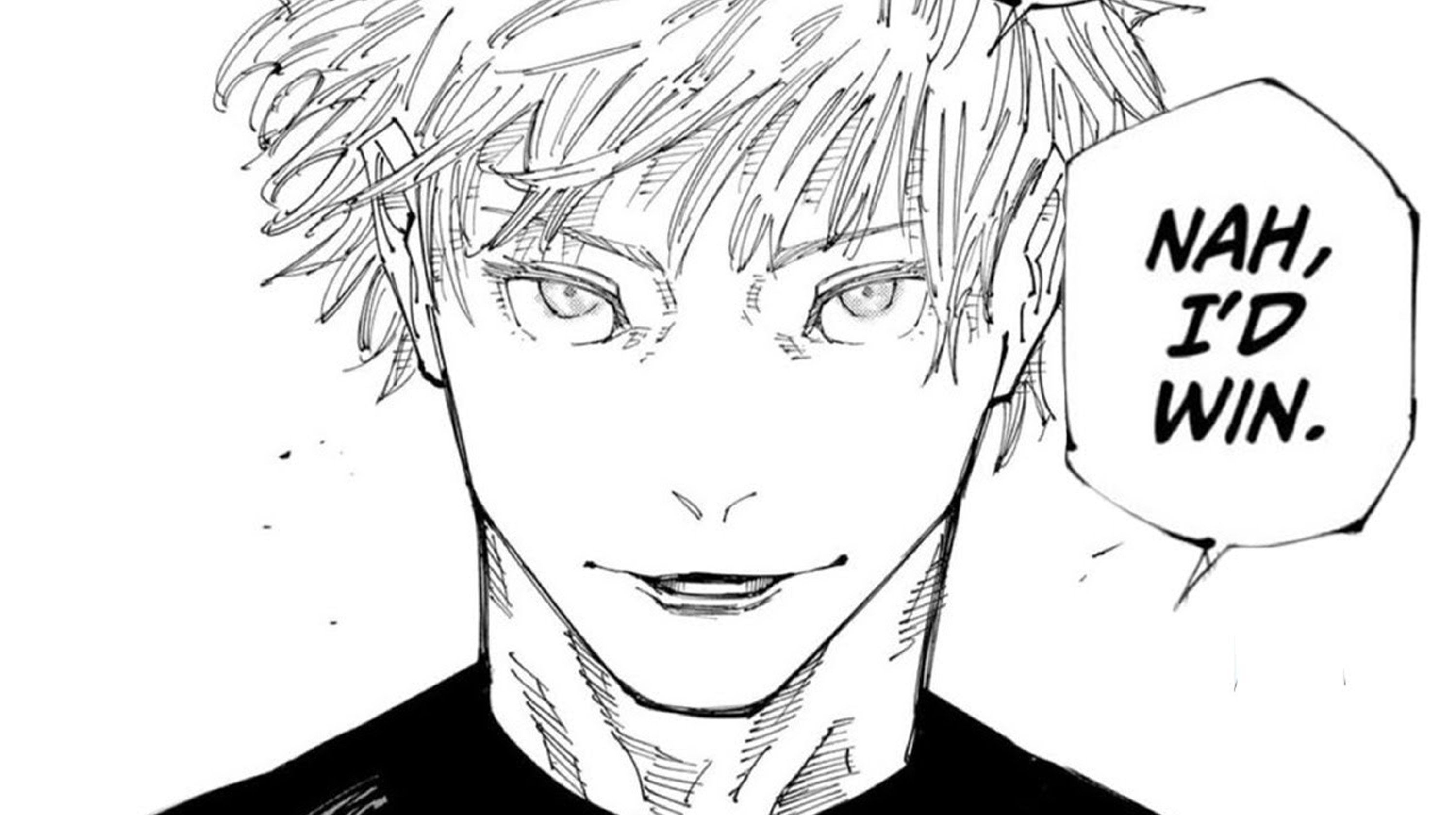 This black and white manga panel features Satoru Gojo from Jujutsu Kaisen, depicted with his signature spiky hair and a confident, almost smug smirk. His wide, intense eyes convey an undeniable sense of power and self-assurance. To the right, a speech bubble boldly declares, "NAH, I'D WIN." The stark white background, typical of manga, ensures all focus remains on Gojo and his iconic, meme-worthy declaration. The humor stems from Gojo's characteristic overconfidence, which the "Nah, I'd Win." meme perfectly encapsulates, often ironically referencing his perceived invincibility within the series.