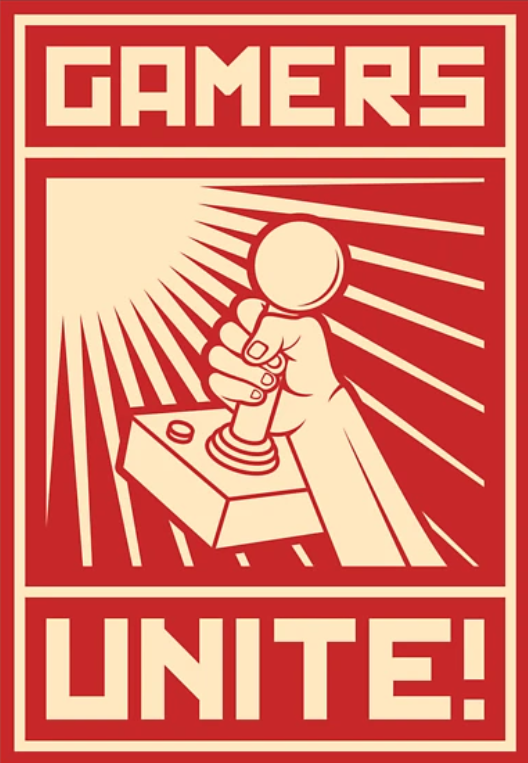 The image features a stylized graphic of a hand gripping a classic joystick, symbolizing the spirit of unity among gamers. The hand is depicted in a strong, determined pose, conveying a sense of empowerment and camaraderie within the gaming community. The rays of light emanating from behind the joystick suggest a triumphant or victorious atmosphere, enhancing the rallying cry of "GAMERS UNITE!" in bold typography. This phrase resonates deeply within gaming culture, encouraging players to come together, share experiences, and foster a sense of belonging. The red and cream color scheme adds a vintage, poster-like quality, reminiscent of propaganda art, which humorously juxtaposes the serious nature of unity with the playful world of gaming. Overall, the image captures the essence of community and support, inviting gamers to stand together in their shared passion.