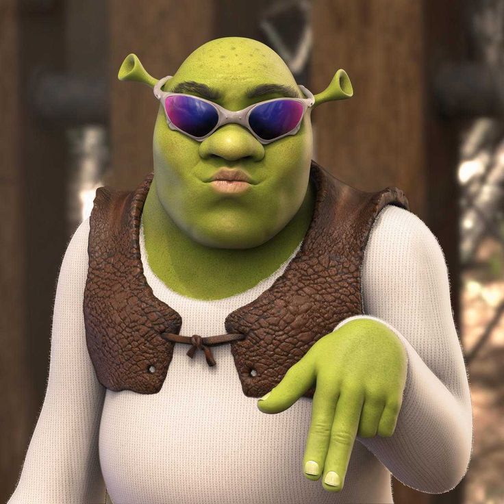 The image features Shrek, the iconic green ogre from the animated movie series "Shrek." He sports a playful demeanor, wearing stylish sunglasses that add a humorous touch to his otherwise rugged appearance. His expression suggests a mix of confidence and mischief, as though he's ready to deliver a witty remark or engage in some light-hearted banter.
The background is likely a whimsical forest setting, typical of Shrek's adventures, enhancing the fairy tale context. The juxtaposition of his tough exterior with the playful sunglasses creates a comedic effect, highlighting Shrek's lovable personality. This image captures the spirit of the franchise, where humor and charm intertwine, reminding viewers of Shrek's journey of self-acceptance and friendship amid the chaos of fairy tale conventions.