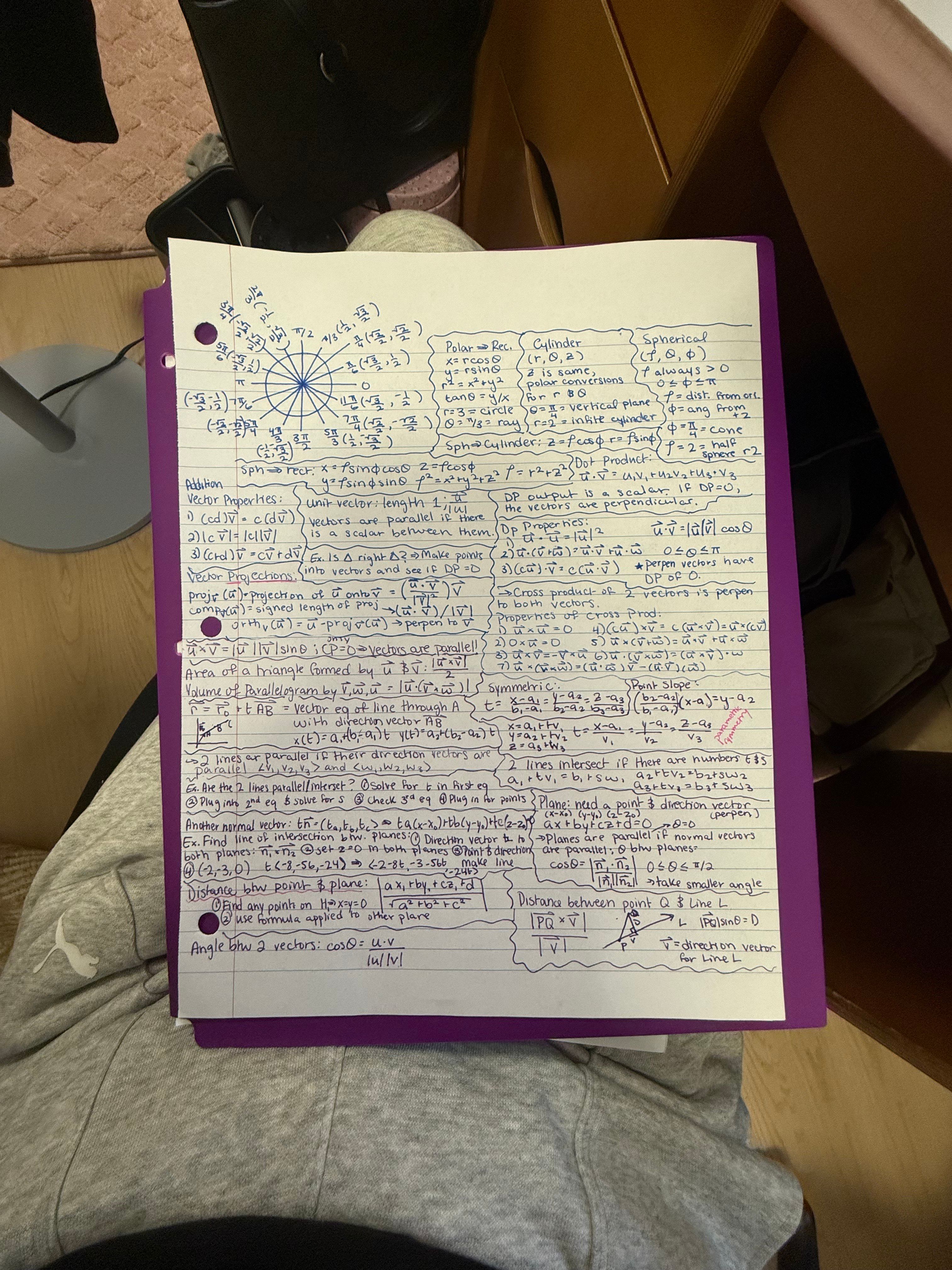 This image captures a densely packed sheet of handwritten mathematics notes, likely from a calculus or advanced algebra course, resting on a student's lap. The paper, held in a vibrant purple folder, appears to be a silent, diligent scholar, brimming with formulas, vector properties, and a detailed polar coordinate graph. Its demeanor is one of quiet intensity, patiently presenting its complex wisdom. The background reveals a cozy, casual study setting: grey sweatpants, a dark chair, a patterned rug, and a wooden floor, with a lamp base hinting at focused, perhaps late-night, work. This environment perfectly contextualizes the foreground, suggesting a student deeply immersed in their studies. The humorous element lies in the sheer volume of intricate information crammed onto a single page, making the paper seem comically overwhelmed yet stoic in its academic burden. No famous content is identified, just the universal struggle and dedication of learning.