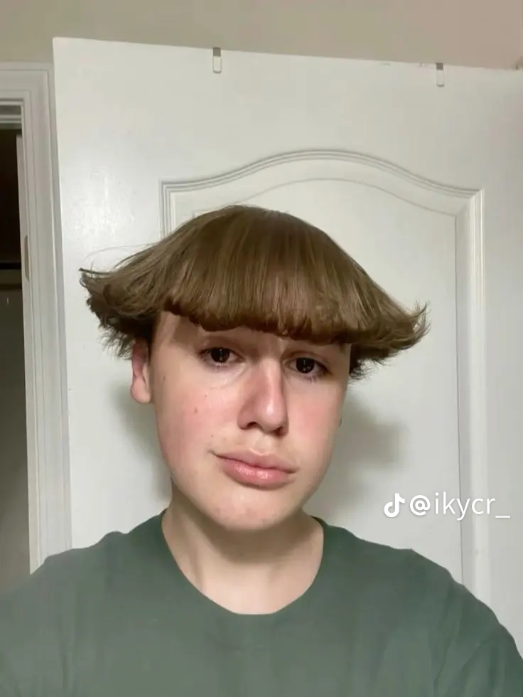 The image features an individual sporting a humorous, bowl-cut hairstyle that has become a popular meme format on social media. The person's expression is a mix of nonchalance and slight bemusement, contributing to the comedic effect of the hairstyle. Their attire is casual, with a simple green t-shirt, which adds to the relaxed vibe of the image.

The background is minimal, consisting of a plain white door, which emphasizes the subject rather than distracts from it. This simplicity enhances the focus on the quirky hairstyle, making it the star of the show. The overall context suggests a light-hearted take on fashion, embodying the meme culture that celebrates unique and often exaggerated styles for comedic purposes. The image taps into the playful nature of social media, inviting viewers to share in the humor.