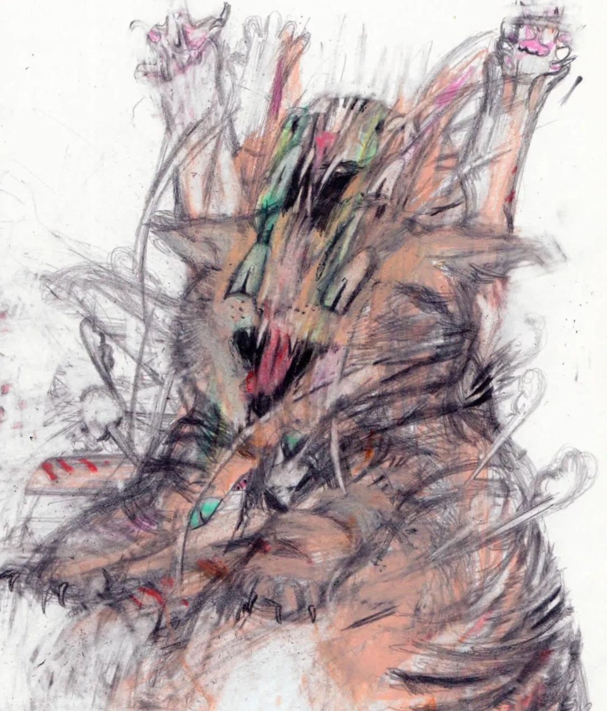 This vibrant, expressionistic drawing depicts a cat in a state of utter, glorious chaos against a stark white background. Rendered with energetic charcoal and pastel strokes, the feline appears to be mid-scream or mid-stretch, with all four paws flailing upwards, claws extended in a dramatic flourish. Its mouth is wide open, revealing hints of red, while its eyes, though obscured by the frenetic lines, convey a sense of wild abandon. The cat's fur is a whirlwind of browns, oranges, greens, and pinks, suggesting a creature caught in a moment of extreme emotion – perhaps a joyous, unhinged dance, or a comically exaggerated reaction to a dropped treat. The plain background amplifies the cat's dramatic performance, making it the sole focus of this delightful, frantic spectacle. It's as if the cat just realized it's Monday morning and is having a full-blown existential crisis, much to our amusement.