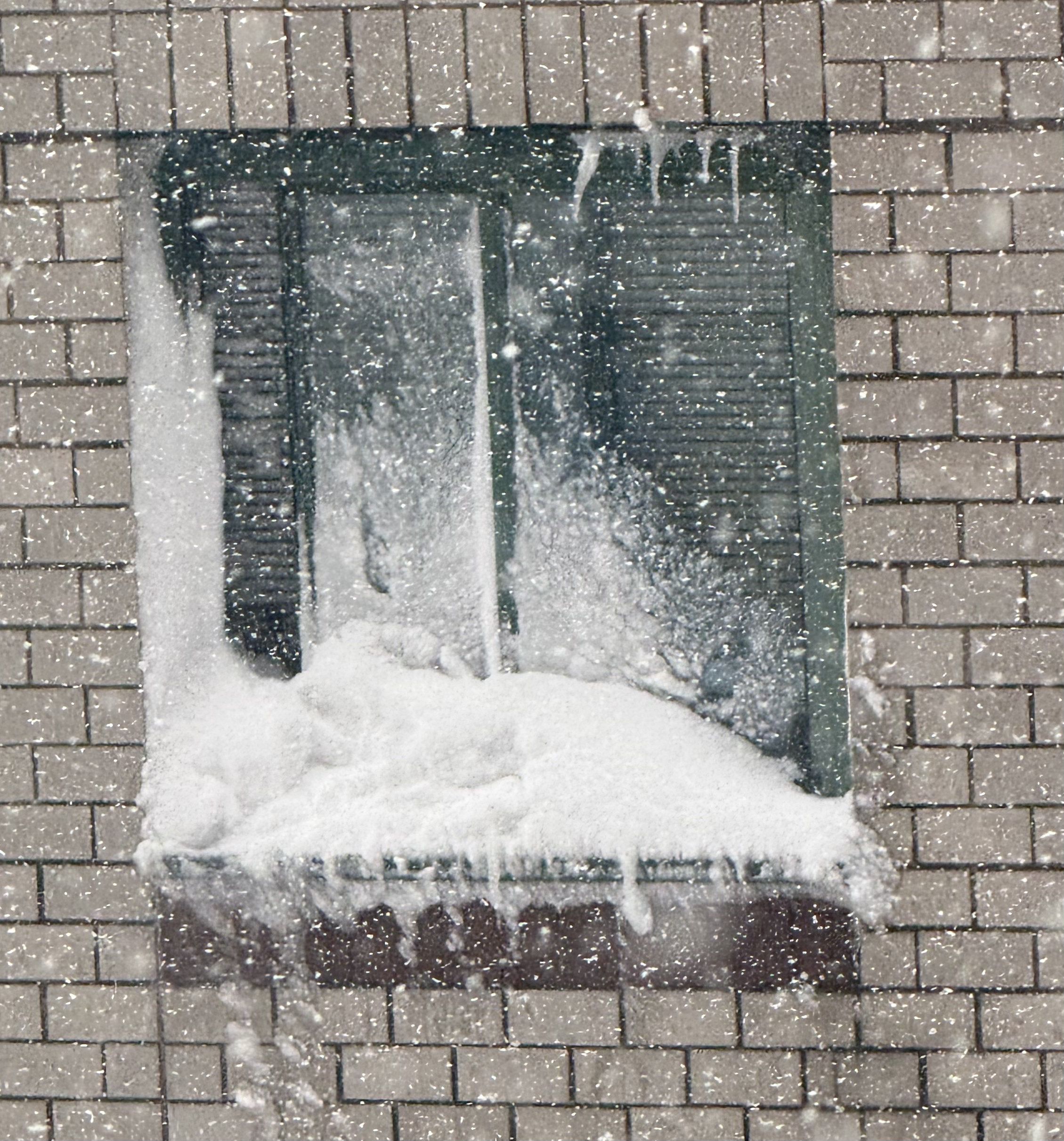 This detailed shot captures a dark green window, possibly with closed blinds, on a light grey brick wall, completely engulfed in a heavy snowfall. The windowsill is buried under a comical mound of fresh snow, resembling a giant, fluffy white scarf or an exaggerated beard. Icicles drip from the top frame, giving the window a slightly grumpy or resigned demeanor, as if it's muttering, 'Another snow day, really?' Snowflakes are actively falling, creating a sparkling, chaotic veil over the entire scene. The sturdy brick background emphasizes the relentless winter assault on this solitary window, which seems to be putting up a valiant, albeit frosty, fight against the elements. I did not find any famous or recognizable content in this image.
