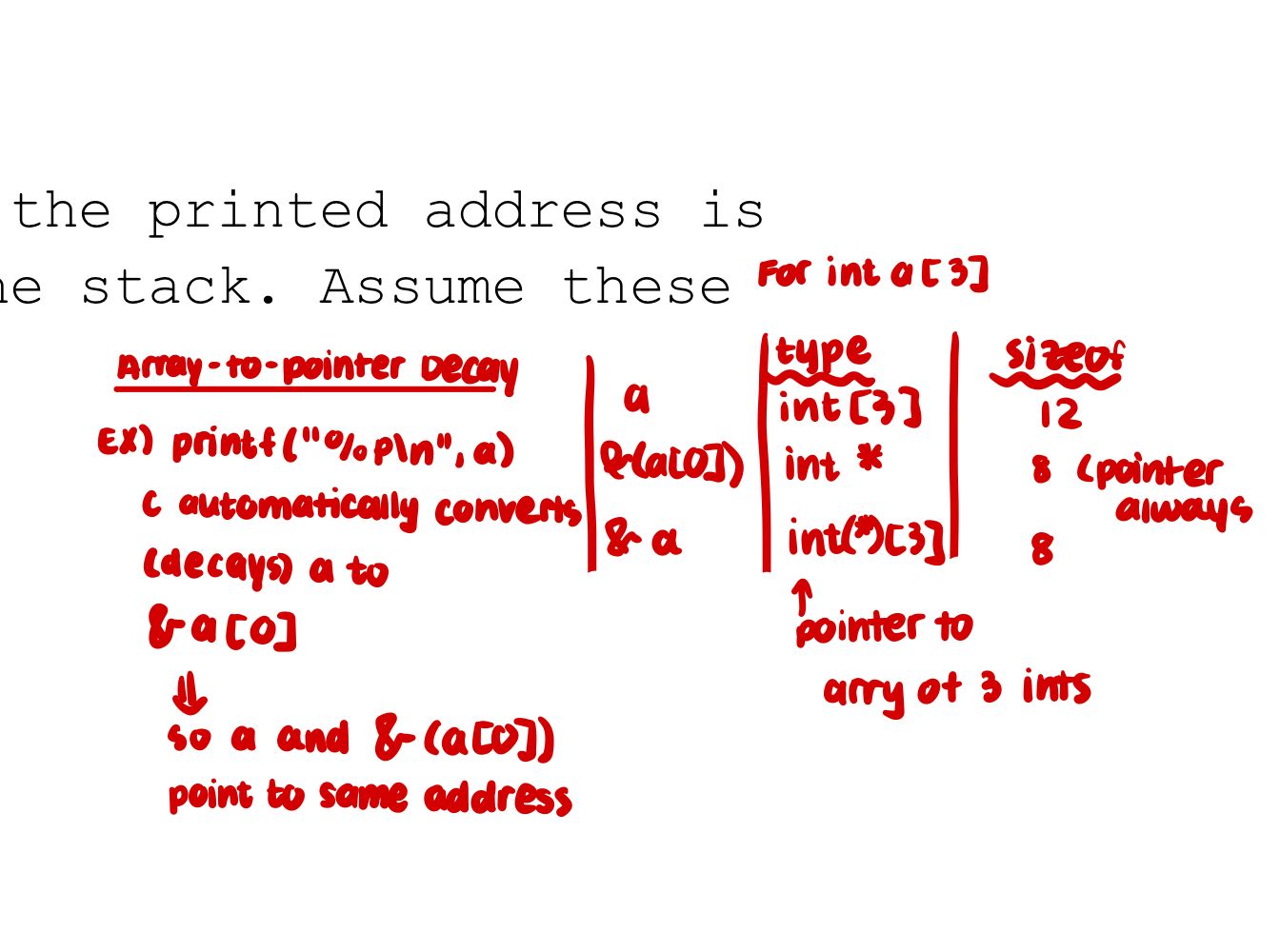 The image appears to be a handwritten explanation of a programming concept related to array-to-pointer decay in C. The text is written in bold red ink and discusses how the array name behaves as a pointer to its first element when passed to functions, along with examples.
The subject's demeanor is focused and educational, suggesting a teaching or learning environment. The background consists of a blank white surface, emphasizing the clarity of the writing and the importance of the information being conveyed.
In a humorous light, one might imagine the array feeling a bit lost, as it realizes it has become just a pointer in the grand scheme of programming—like a shy student trying to find their way in a big classroom!