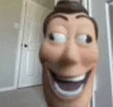 This close-up image features a person wearing a highly exaggerated, somewhat unsettling mask of Woody from Disney-Pixar's Toy Story. Woody's demeanor is one of manic, almost deranged cheerfulness, with wide, slightly askew eyes darting to the side and an enormous, toothy grin stretching across his face. The mask's uncanny valley effect is a key humorous element, transforming the friendly cowboy into something more unsettlingly jovial. The blurry, nondescript indoor background, possibly a hallway with a white door, keeps the focus entirely on Woody's unsettlingly enthusiastic expression. This image clearly plays on the character's recognition for a humorous, meme-like effect, making him appear overly eager or perhaps a little unhinged.