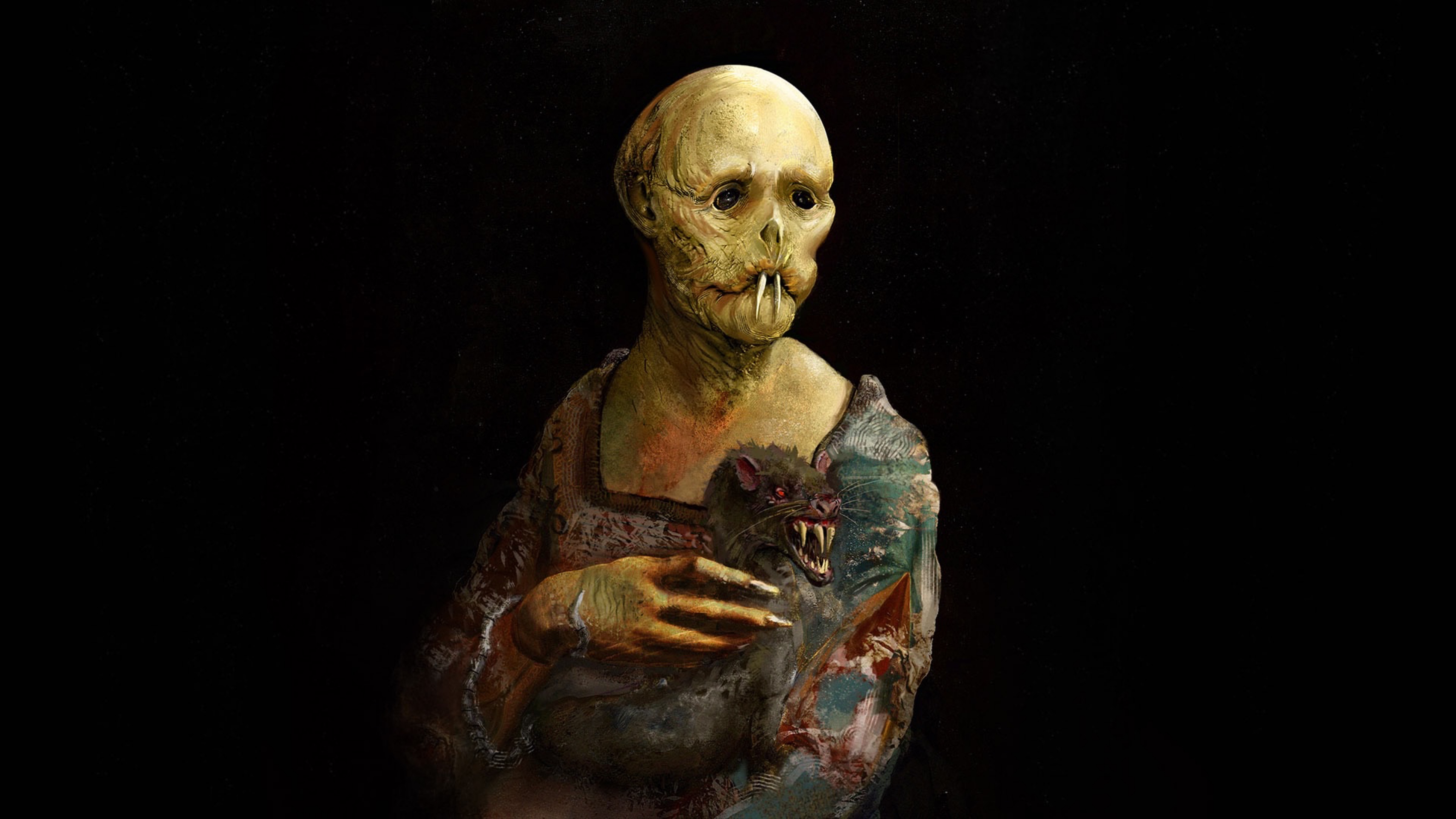This unsettling image is a macabre parody of Leonardo da Vinci's Mona Lisa. A skeletal, pale yellow figure with sunken eyes and prominent rodent-like incisors, dressed in tattered Renaissance attire, stares out with an eerie, melancholic demeanor. Instead of a serene landscape, the figure holds a large, aggressive rat with glowing red eyes and bared fangs, snarling menacingly. The stark black background isolates the grotesque subjects, enhancing the horror and dark humor of this cultural reinterpretation. The humor lies in the absurd transformation of an iconic masterpiece into a creature feature, making Mona Lisa's enigmatic smile a distant, terrifying memory.