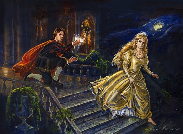 This enchanting painting depicts a classic fairy tale moment under a luminous full moon. A young man, dressed in regal attire with a flowing red cape, kneels on a grand staircase, earnestly extending his hands towards a glowing object, perhaps a lost slipper. His demeanor is one of hopeful pursuit. Descending the steps, a beautiful princess in a shimmering golden gown and tiara looks back, her expression a mix of urgency and slight apprehension as she hurries away barefoot. The background features an ornate building with warm, glowing stained-glass windows, suggesting a grand castle or ballroom from which she has just fled. The lush greenery adorning the balustrades and urns adds to the romantic, magical setting. The humor lies in the prince's dramatic plea while the princess seems to be thinking, "Seriously? I just wanted to leave before midnight!"