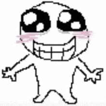 This pixelated, white cartoon character, widely recognized as the 'Aww Yeah Guy' or 'Happy Guy' meme, exudes an overwhelming sense of joy and slightly unsettling enthusiasm. Its demeanor is characterized by an impossibly wide, toothy grin stretching across its face, complemented by large, glistening eyes that seem to sparkle with intense delight. Pink blush marks on its cheeks add to its exaggerated cuteness, while its small, outstretched arms suggest an eagerness to embrace something or someone. The plain white background isolates the character, amplifying its prominent, almost manic happiness. This meme is humorously used to convey extreme excitement or a slightly creepy level of satisfaction, making it a staple in internet culture for expressing intense, often over-the-top, positive emotions.