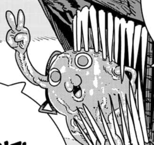 The image features a whimsical, anthropomorphized creature that resembles a blob with a cheerful expression. Its round, bulbous body has a shiny surface and two large, expressive eyes, conveying a playful demeanor. One of its arms is raised in a peace sign, suggesting a friendly and carefree attitude. The creature is partially hidden behind a wooden structure that has sharp, icicle-like protrusions, creating a contrast between the joyous character and the potentially dangerous background.
The setting seems to evoke a light-hearted, cartoonish scene, reminiscent of playful animations or manga. The creature's friendly gesture humorously juxtaposes the sharpness of the background, enhancing its quirky charm. Overall, it embodies a delightful mix of innocence and mischief, perfect for a comedic moment in a larger narrative. This playful scene invites smiles and laughter, showcasing the absurdity of its context.