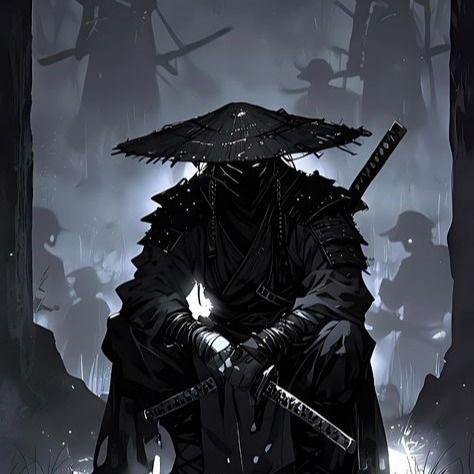The image features an unknown ninja character, a stylized figure shrouded in mystery. Dressed in dark, layered garments, the ninja sits calmly, emanating an air of quiet confidence and readiness. The character's face is obscured by a wide-brimmed hat and a mask, enhancing the enigmatic vibe. The background is a shadowy forest, where indistinct figures hint at a larger presence, possibly fellow ninjas or adversaries, creating an atmosphere of stealth and tension. The interplay between the foreground and background amplifies the themes of martial arts and the unknown, common in various media about ninjas. Humorous elements might arise from imagining the ninja attempting to blend into the background, only to be outdone by the shadows themselves. Overall, this portrayal evokes both admiration and curiosity about the ninja's purpose in this eerie setting.
