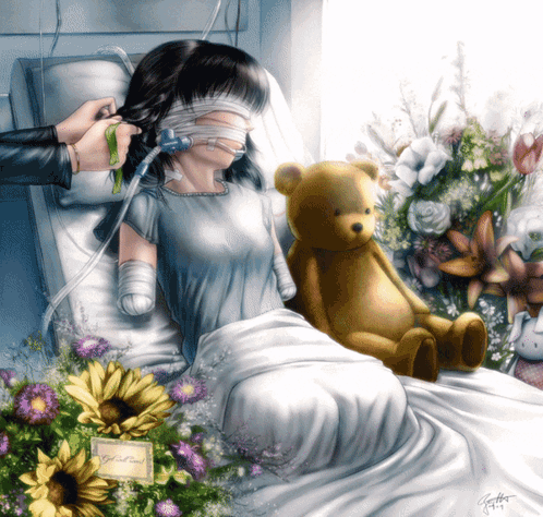 This poignant illustration depicts a young girl in a hospital bed, her eyes bandaged and an oxygen tube near her face, suggesting a serious medical condition. Her arms are also bandaged. Her demeanor is one of profound vulnerability and unconsciousness. An adult hand gently braids her dark hair, a tender gesture amidst the sterile hospital environment. Beside her, a comforting brown teddy bear sits, and numerous bouquets of flowers, including vibrant sunflowers with a "Get well soon!" card, fill the space. The background clearly establishes a hospital room, with medical equipment subtly visible, reinforcing the gravity of her situation. The flowers and teddy bear serve as symbols of hope and care, contrasting with the girl's fragile state. As per the provided context, I did not find any famous or recognizable content in this image. There are no humorous elements in this somber scene.
