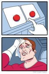 This iconic two-panel meme, known as the 'Two Buttons' or 'Hard to Choose' meme, perfectly encapsulates the agony of a difficult decision. The top panel features a cartoon hand hovering over two identical red buttons on a light blue console, symbolizing a choice between two options. The bottom panel reveals the subject's intense internal struggle: a cartoon man, clad in a red shirt, is drenched in sweat, his face contorted in an expression of extreme stress and anxiety as he wipes his forehead with a cloth. The humor lies in the exaggerated, almost existential, dread over what appears to be a simple, yet impossible, choice, making it a relatable depiction of everyday dilemmas.