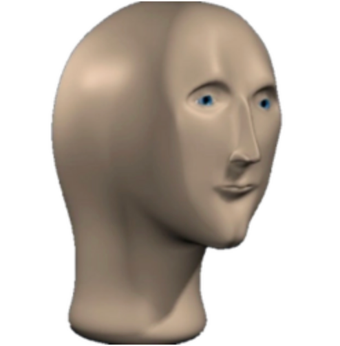 The image features 'Meme Man,' a recognizable internet meme character, depicted as a smooth, beige-toned 3D rendered head. His demeanor is a peculiar blend of vacant and subtly knowing, with wide blue eyes and a faint, almost imperceptible smirk. He seems to be pondering the mysteries of the universe, or perhaps just trying to remember where he left his keys. The stark white background isolates his uncanny visage, emphasizing his role as a versatile meme template, ready to be dropped into any absurd scenario. This iconic figure is often associated with 'Stonks' and surreal memes, humorously representing a flawed understanding or ironic commentary on various topics. His smooth, featureless appearance adds to the surreal humor.